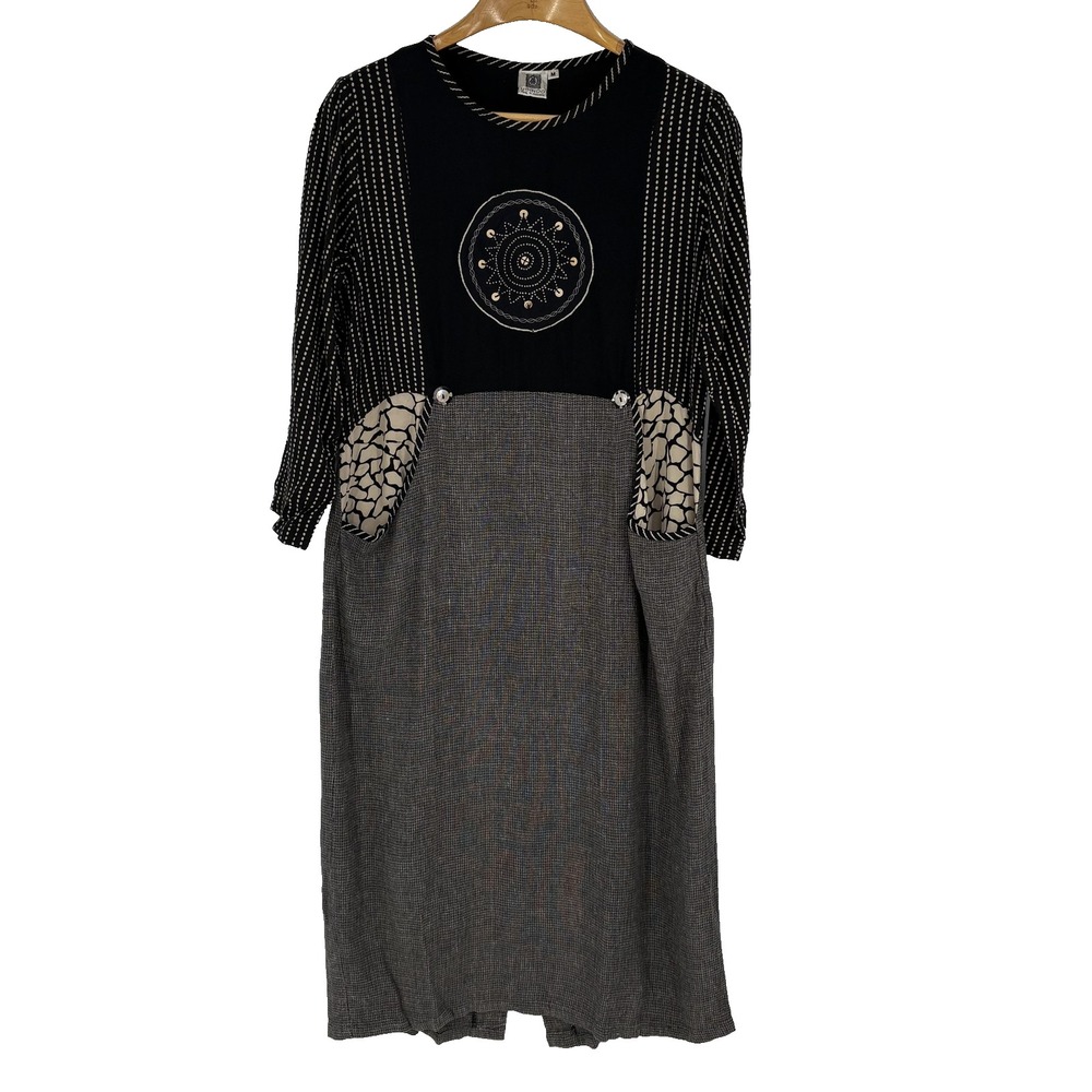 USINDO Dress Womens Medium Black Gray Mixed Print‎ Patchwork Embroidered Midi